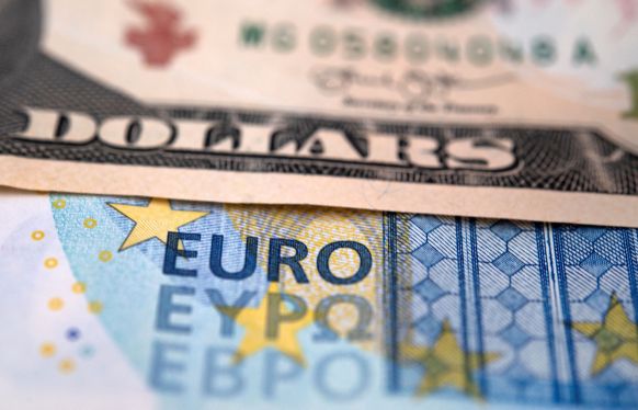 "US dollars and Euro bills are pictured on September 6, 2022 in Brest, western France"