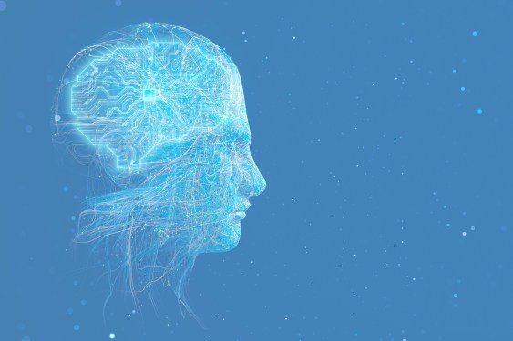 Artificial General Intelligence robot with a glowing circuit brain.