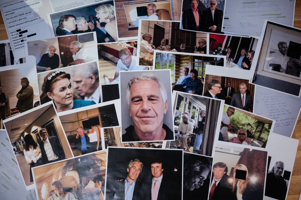 This photograph taken in Le-Perreux-sur-Marne, outside Paris on February 9, 2026 shows undated pictures provided by the US Department of Justice on January 30, 2026 as part of the Jeffrey Epstein files.