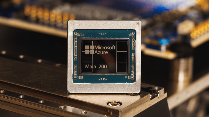 A close up on a microprocessor, labeled as "Microsoft Maia 200"